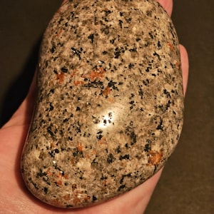 May include: A smooth, oval-shaped, polished stone with a speckled pattern of black, brown, and orange. The stone has a glossy finish.
