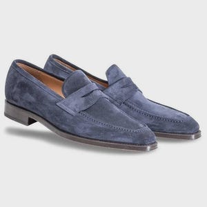 Handmade Men&#39;s Navy Blue Suede Moccasins | Slip-on loafers | Casual Dress Shoes | Soft Suede Handmade Men&#39;s Loafers
