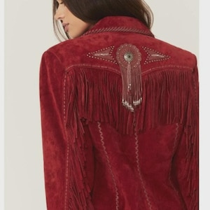 Giacca in pelle scamosciata vintage con frange da donna, giacca in pelle da donna, giacca western - Regali per lei