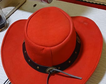 Handcrafted Red Cowhide Leather Cowboy Hat – Western Style Ranch Riding Accessory