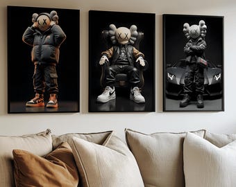 Set of 3 KAWS Poster Wall Art Prints, Digital Download, HYPEBEAST Decor, Kaws Poster & Kaws Figure, Hypebeast Toys, Masculine Wall Art,