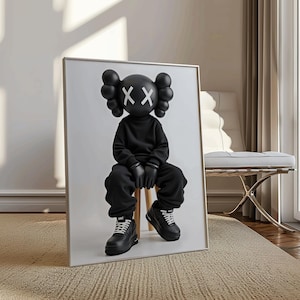 May include: A black and white illustration of a cartoon character wearing a black hoodie and black trainers. The character has a black head with white X's for eyes. The character is sitting on a chair.
