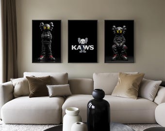 KAWS Poster Set of 3, Minimalist Hypebeast Kaws Figure Poster, Kaws Print, Kaws Wall Art, Graffiti Kaws, Digital Download Masculine Wall Art