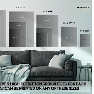 May include: A graphic showing different print sizes for digital art prints. The sizes are shown in inches. The text reads "You will receive 5 high definition 300dpi files for each design that can be printed on any of these sizes."