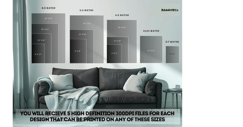 May include: A graphic showing different print sizes for digital art prints. The sizes are shown in inches. The text reads "You will receive 5 high definition 300dpi files for each design that can be printed on any of these sizes."