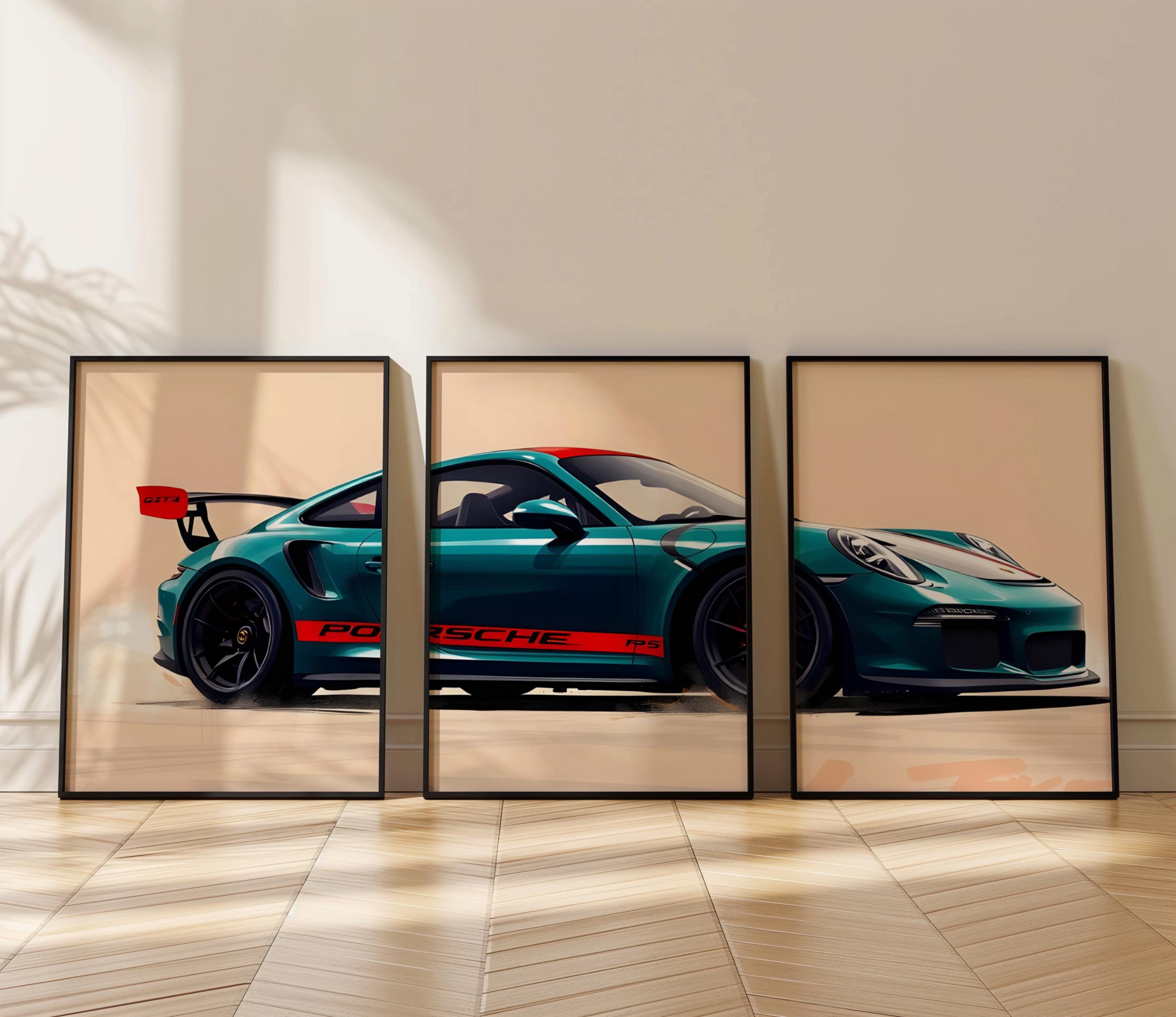 Set of 3 Porsche 911 GT3 RS Poster Wall Art Prints, Masculine Wall