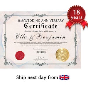 カップルのための18周年記念磁器ギフト | パーソナライズされた証明書 | 18年間の結婚記念品 | 2007年の結婚式