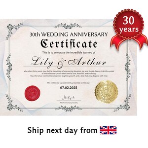 Certificado personalizado para el 30.º aniversario de bodas: regalo de bodas de perla, 30 años juntos, recuerdo personalizado para él o ella