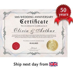 結婚50周年記念のパーソナライズ証明書 – 黄金の贈り物、50年間の思い出を彩るカスタム記念品