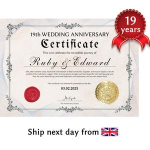 Gepersonaliseerd certificaat 19e huwelijksverjaardag – granaathuwelijkscadeau, 19 jaar samen, aangepaste aandenken voor hem of haar
