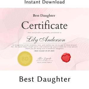 Certificato personalizzato per la migliore figlia - Regalo personalizzato stampabile, ricordo premuroso per figlia, regalo di compleanno o per un'occasione speciale