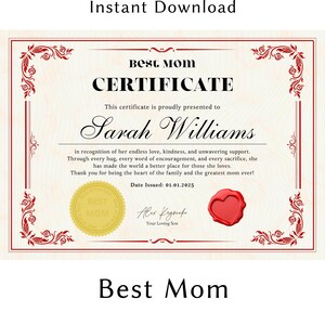 Certificato personalizzato per la migliore mamma - Regalo personalizzato stampabile, ricordo di apprezzamento premuroso per la mamma, regalo di compleanno o regalo per la festa della mamma