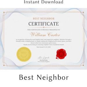 Certificat de meilleur voisin personnalisé - cadeau imprimable personnalisé, souvenir de remerciement attentionné pour un voisin et un ami