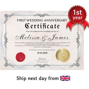 Regalo de 1.er aniversario para esposo o esposa: certificado impreso personalizado, recuerdo personalizado, regalo romántico para parejas.