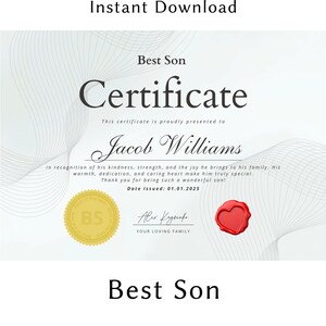 Certificat personnalisé pour le meilleur fils : cadeau imprimable personnalisé, cadeau attentionné pour son fils, anniversaire ou occasion spéciale