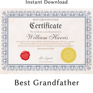 Certificato personalizzato per il miglior nonno - Regalo personalizzato stampabile, ricordo premuroso per il nonno, regalo di compleanno o per la festa del papà