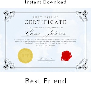 Aangepast beste vriendcertificaat – gepersonaliseerd afdrukbaar cadeau, doordachte aandenken voor vriendschap, verjaardag of waarderingscadeau