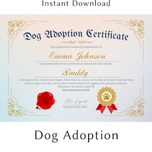 Custom Dog Adoption Certificate – Personalized Printable Pet Adoption Keepsake, New Puppy Gift, Shelter Adoption Certificate
