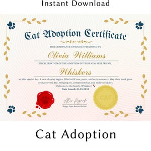 Custom Cat Adoption Certificate – Personalized Printable Pet Adoption Keepsake, New Kitten Gift, Shelter Adoption Certificate