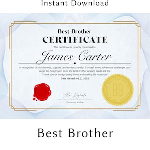 Certificato personalizzato per il miglior fratello - Regalo personalizzato stampabile, ricordo premuroso per fratello, regalo di compleanno o per un'occasione speciale