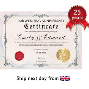 Certificado personalizado para 25º aniversário de casamento – presente de casamento de prata, 25 anos juntos, lembrança personalizada para ele ou ela