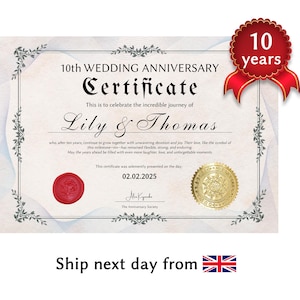 パーソナライズされた10周年結婚記念日証明書 - カスタム缶入り記念日ギフト - 10年間の思い出の品 - 彼または彼女へのユニークなギフト