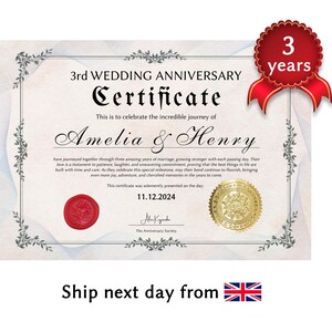 パーソナライズされた結婚3周年記念証明書 - 革製の記念日ギフト - 3年間の思い出の品 - 彼または彼女のためのカスタムプリント