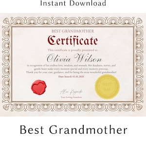 Certificado personalizado para la mejor abuela: regalo imprimible personalizado, un recuerdo especial para la abuela, regalo de cumpleaños o del Día de la Madre.