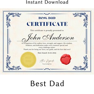 Certificat personnalisé pour le meilleur papa - cadeau imprimable personnalisé, souvenir bien pensé pour un père, cadeau d'anniversaire ou de fête des pères