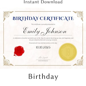 Customizable Birthday Keepsake Certificate: Printable Digital Download Gift for Kids & Adults