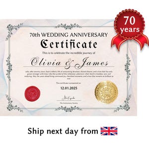 Presente de 70º aniversário de casamento para pais | Certificado de aniversário de platina personalizado | Lembrança personalizada de 70 anos de casamento