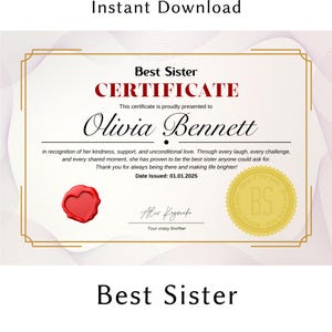Certificat Meilleure soeur personnalisé - Cadeau imprimable personnalisé, cadeau attentionné pour soeur, anniversaire ou occasion spéciale