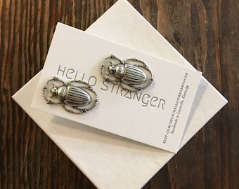 Handmade scarab beetle stud post Earrings // made in USA // Egyptian winged insect bug // silver plated // gift idea under 20