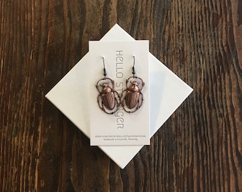 Handmade scarab beetle Earrings // made in USA // Egyptian winged insect bug // copper plated // boho steampunk spirit symbol holiday gift