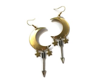 Handmade crescent moon star arrow Earrings // made in USA // boho bohemian witchy grunge space celestial