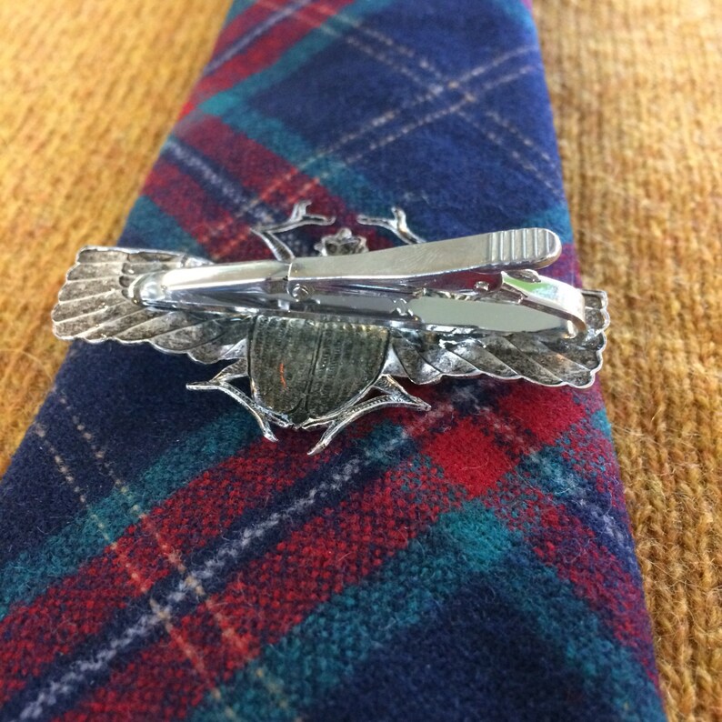 Giant scarab winged beetle tie bar clip handmade in the USA unique mens statement piece vintage antique brass dapper bug insect