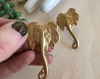 Handmade brass elephant Earrings // made in USA // silver plated posts
