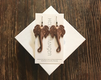 Handmade elephant head dangle Earrings in COPPER // made in USA // lead and nickel free // boho hippie Safari African festival nature animal