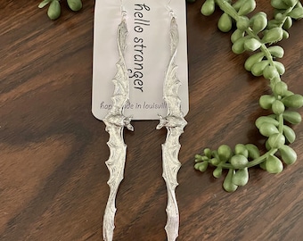 Giant Hanging Bat Earrings in Oxidized Silver // Handmade in USA