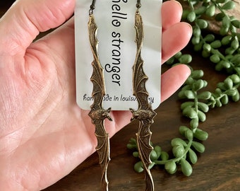 Giant Hanging Bat Earrings in Oxidized Brass // Handmade in USA