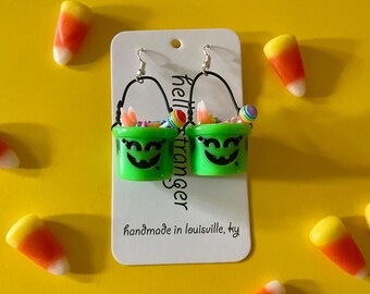 Trick or Treat Jack-o'-lantern Pail Earrings in Green