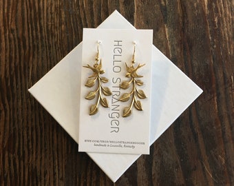 Handmade sparrow and branch dangle Earrings // made in USA //  brass kidney ear wires //