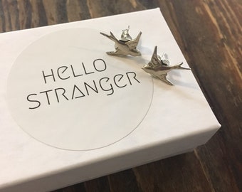 Handmade silver sparrow stud Earrings // made in USA // lead & nickel free posts // boho nature minimalist // gifts under 20