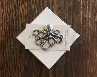 Giant octopus squid kraken tie tack lapel pin // handmade in the USA // unique mens statement piece gift idea // vintage antique silver