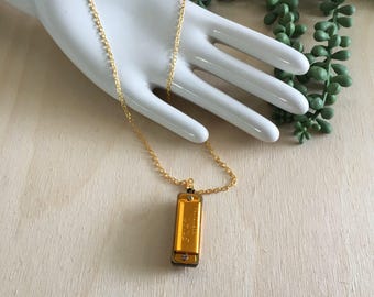 Real working mini harmonica charm necklace on raw brass chain // unisex gender neutral gift idea under 20