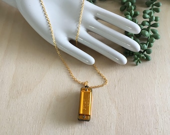 Real working mini harmonica charm necklace on raw brass chain // unisex gender neutral gift idea under 20