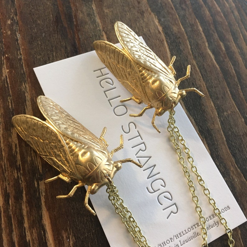 May include: Two gold cicada insect charms on gold chains. The charms are detailed and realistic. The chains are hanging from a white card with the text "HELLO STRANGER" printed on it.