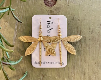Handmade giant dragonfly Earrings // made in USA // gold plated ear wires // bug insect entomologist entomology