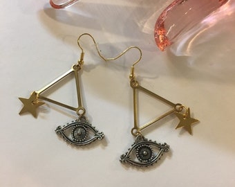 Evil Eye star geometric Earrings // handmade in USA //  nickel free kidney ear wires // celestial witchy boho hippie festival jewelry