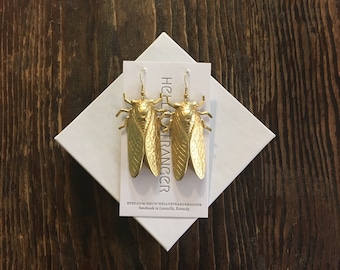 Handmade giant cicada Earrings // made in USA // gold plated ear wires // bug insect entomologist entomology